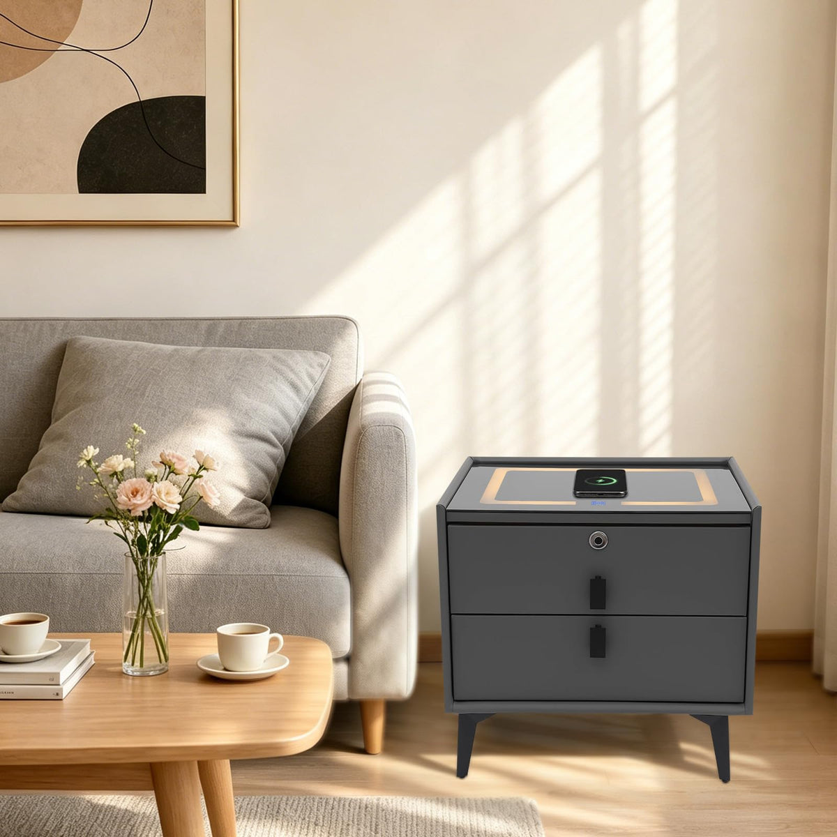 Smart Nightstand with Fingerprint Lock, Wireless Charging & 2-Drawer I35377