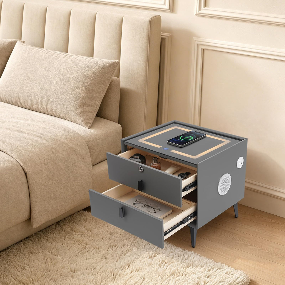 Smart Nightstand with Fingerprint Lock, Wireless Charging & 2-Drawer I35377