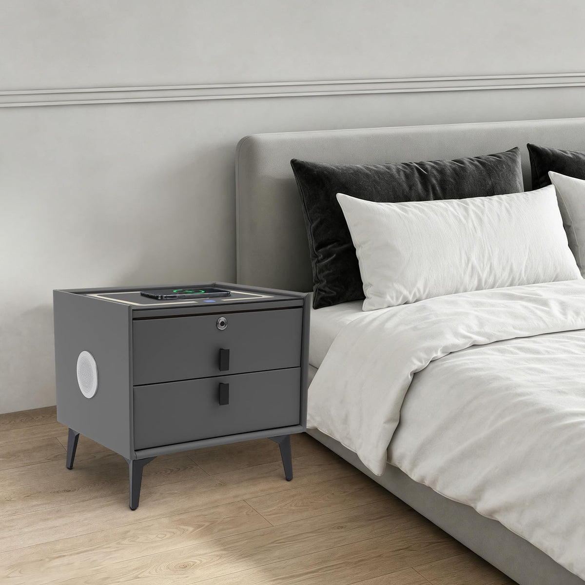 Smart Nightstand with Fingerprint Lock, Wireless Charging & 2-Drawer I35377
