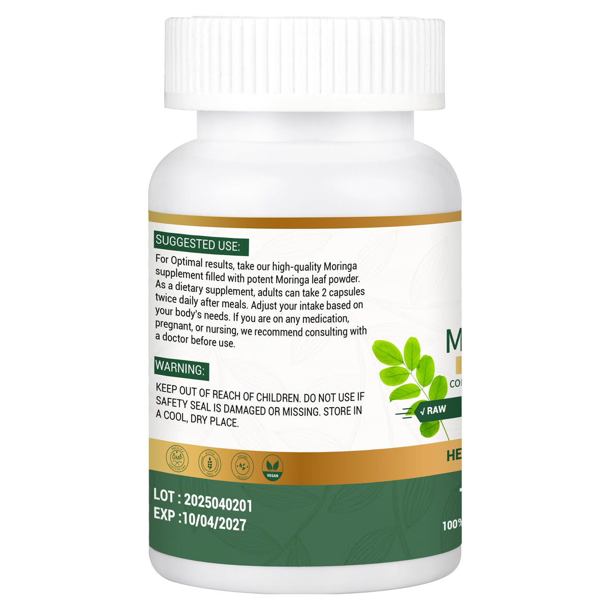 Organic Moringa Capsules 800mg 120 Count V4141
