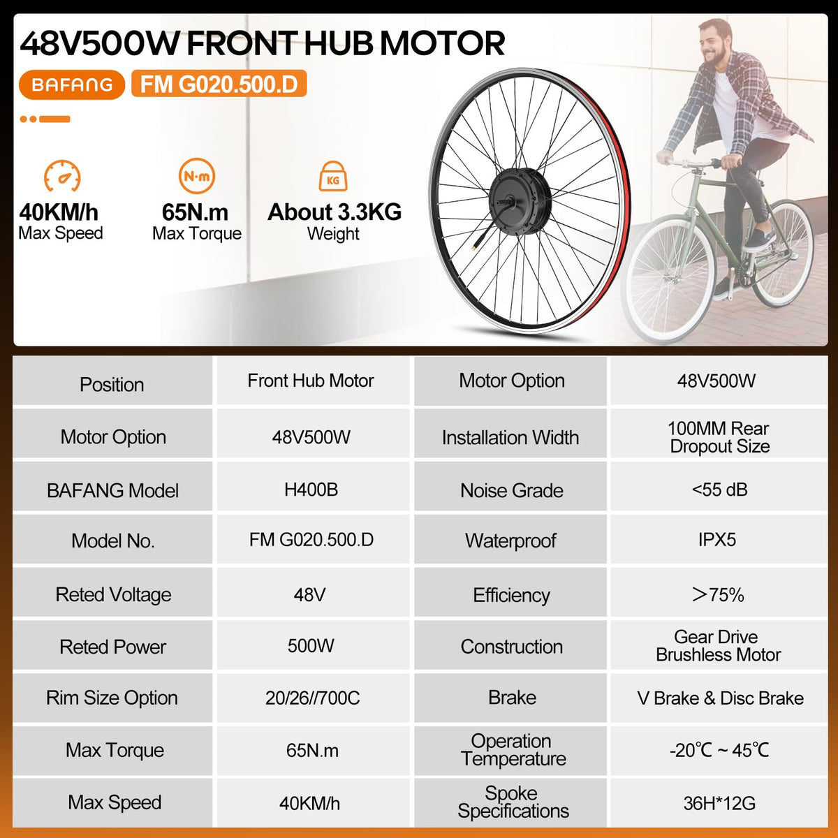 48V 500W Front Hub Motor Conversion Kit Z289