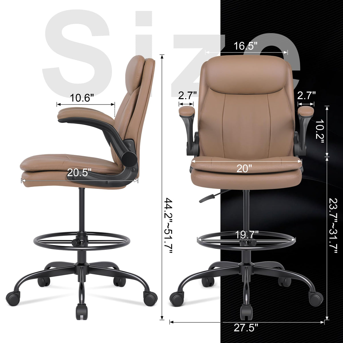 Leather Drafting Chair with Adjustable Height and Flip-up Armrest D857613