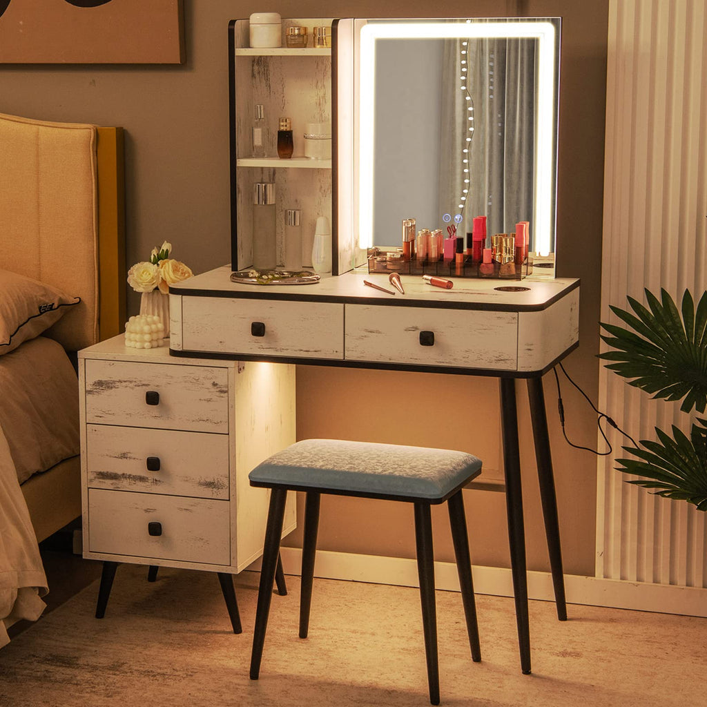 Makeup Vanity Table with Lighted Mirror and Stool U57166