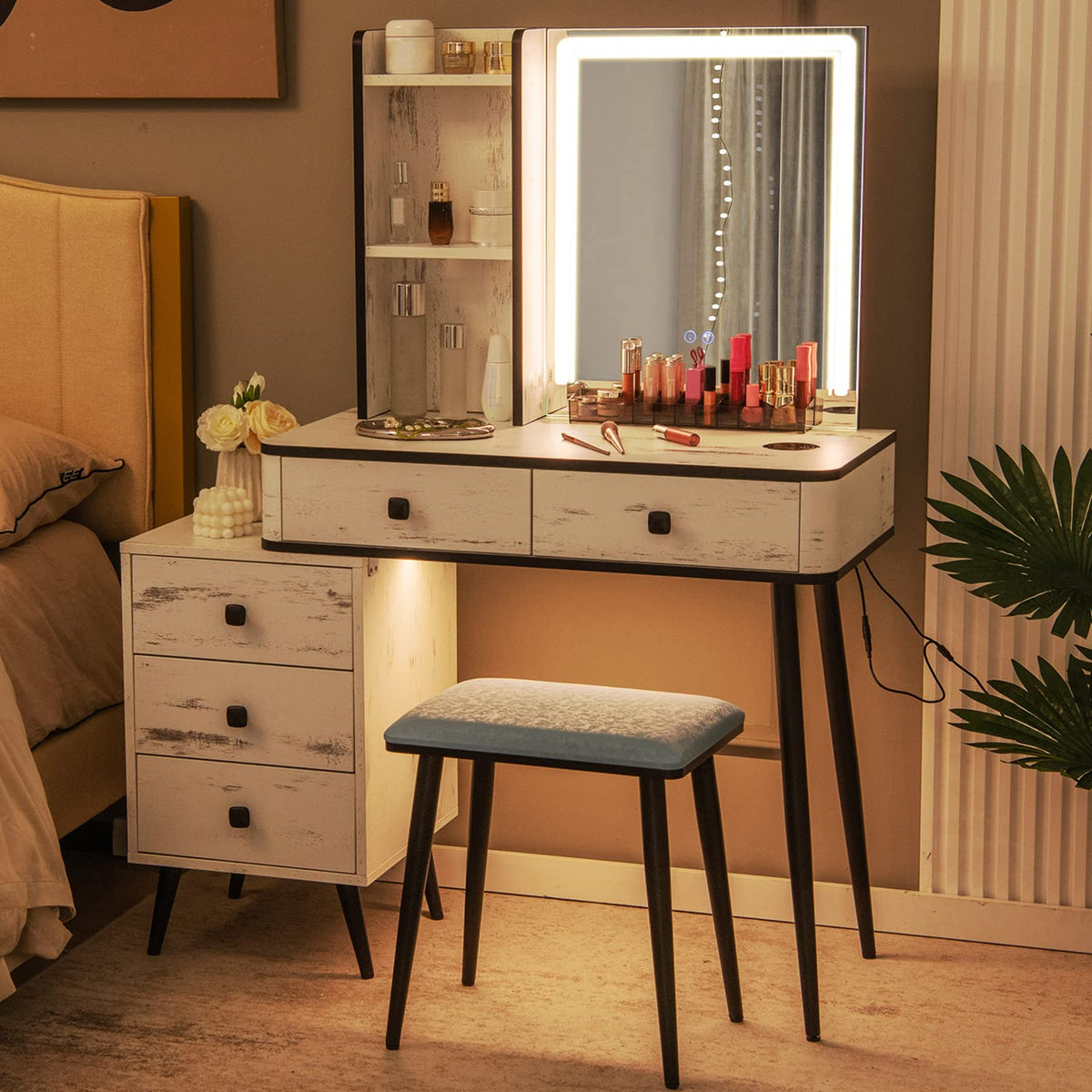 Makeup Vanity Table with Lighted Mirror and Stool U57166