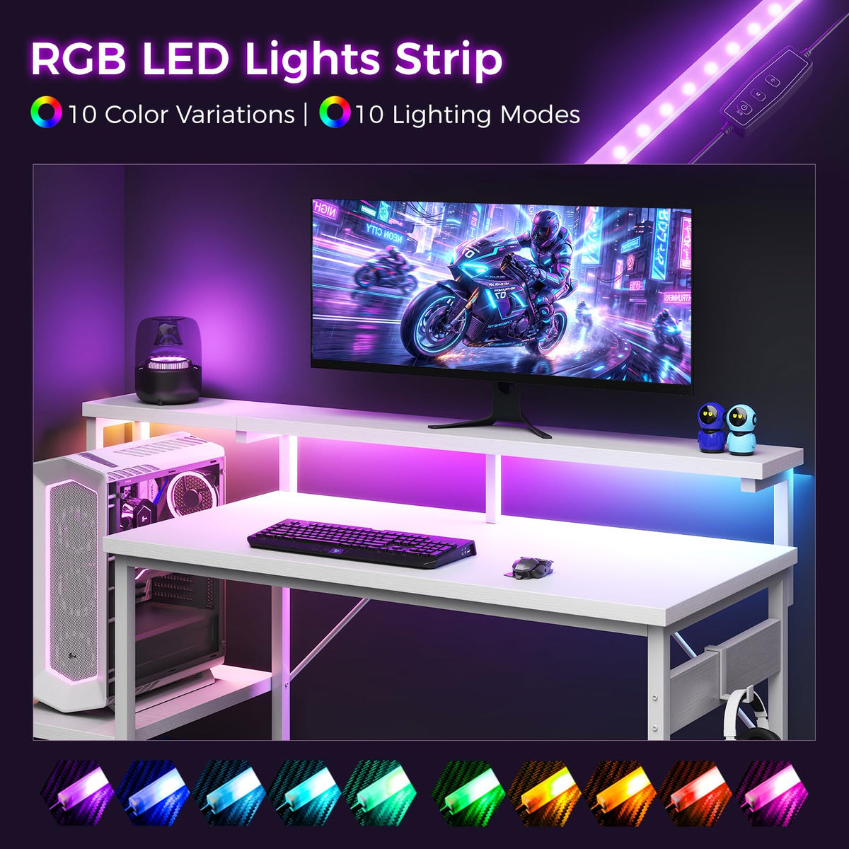 48 Inch White Gaming Desk with LED Lights H7487