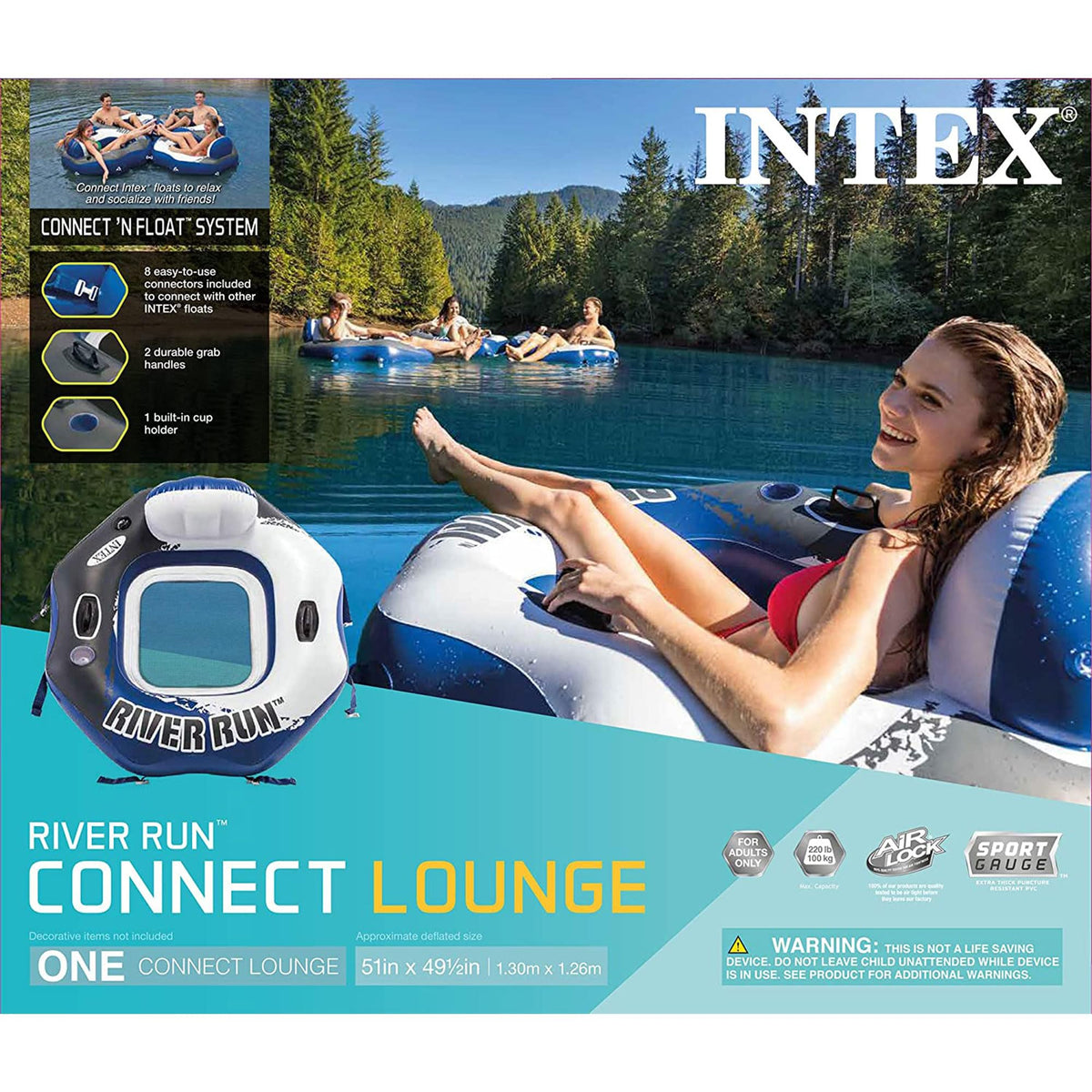 Single Person Inflatable Lounge Tube Chair with Mesh Bottom, Backrest, and Built in Cupholders P476878