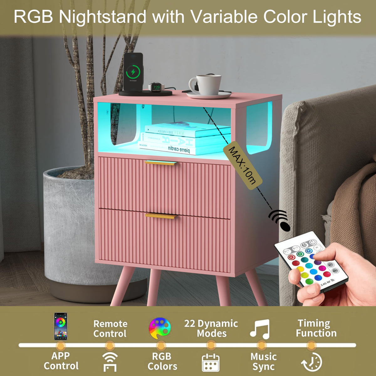 Pink Nightstand with Charging Station and LED Lights M97407