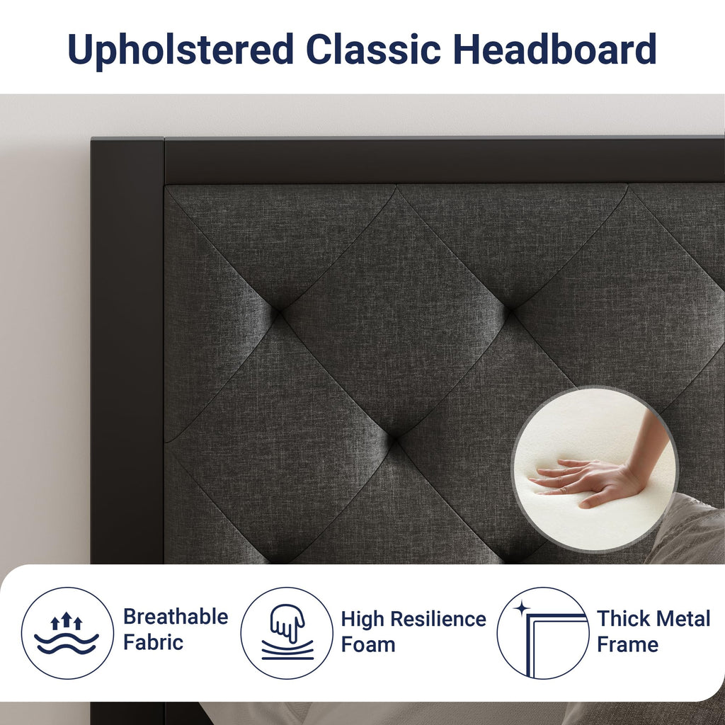 Twin Bed Frame with Upholstered Headboard, Dark Grey X43649