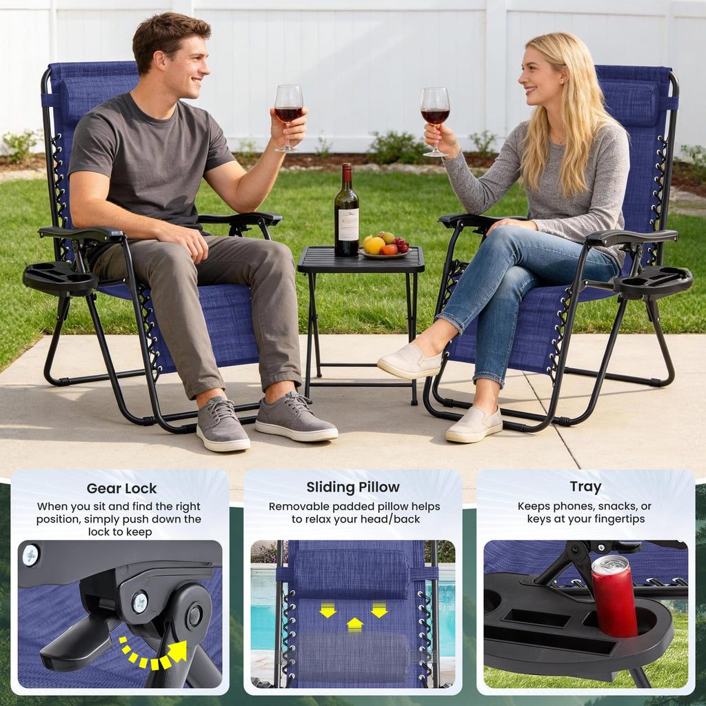 2 Pack Blue 7-Position Adjustable Zero Gravity Chairs with Tray M284586