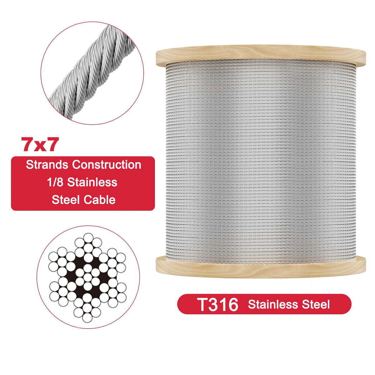 1/8 T316 Stainless Steel Cable 7x7 Strands X46615