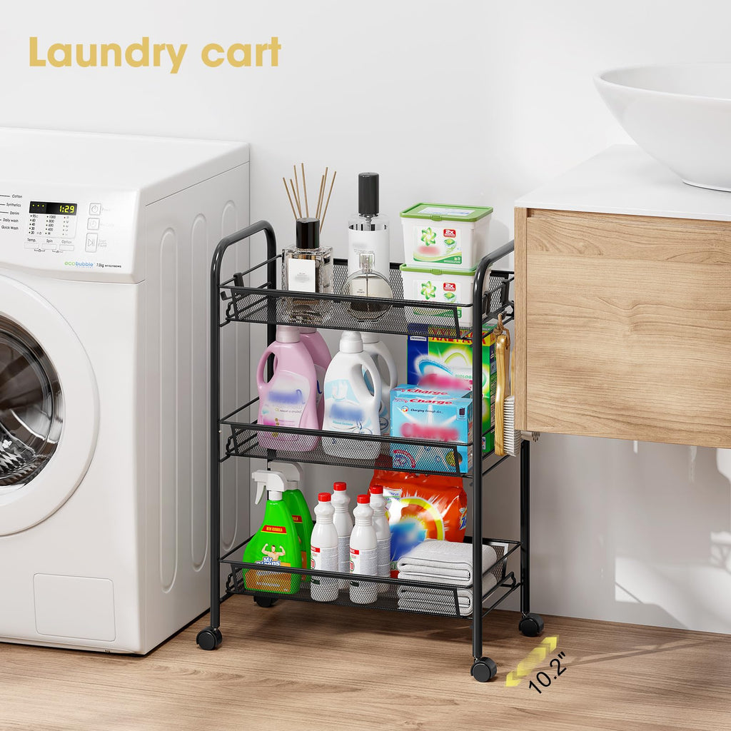 3 Tier Rolling Metal Storage Cart with Wheels, Black Q872