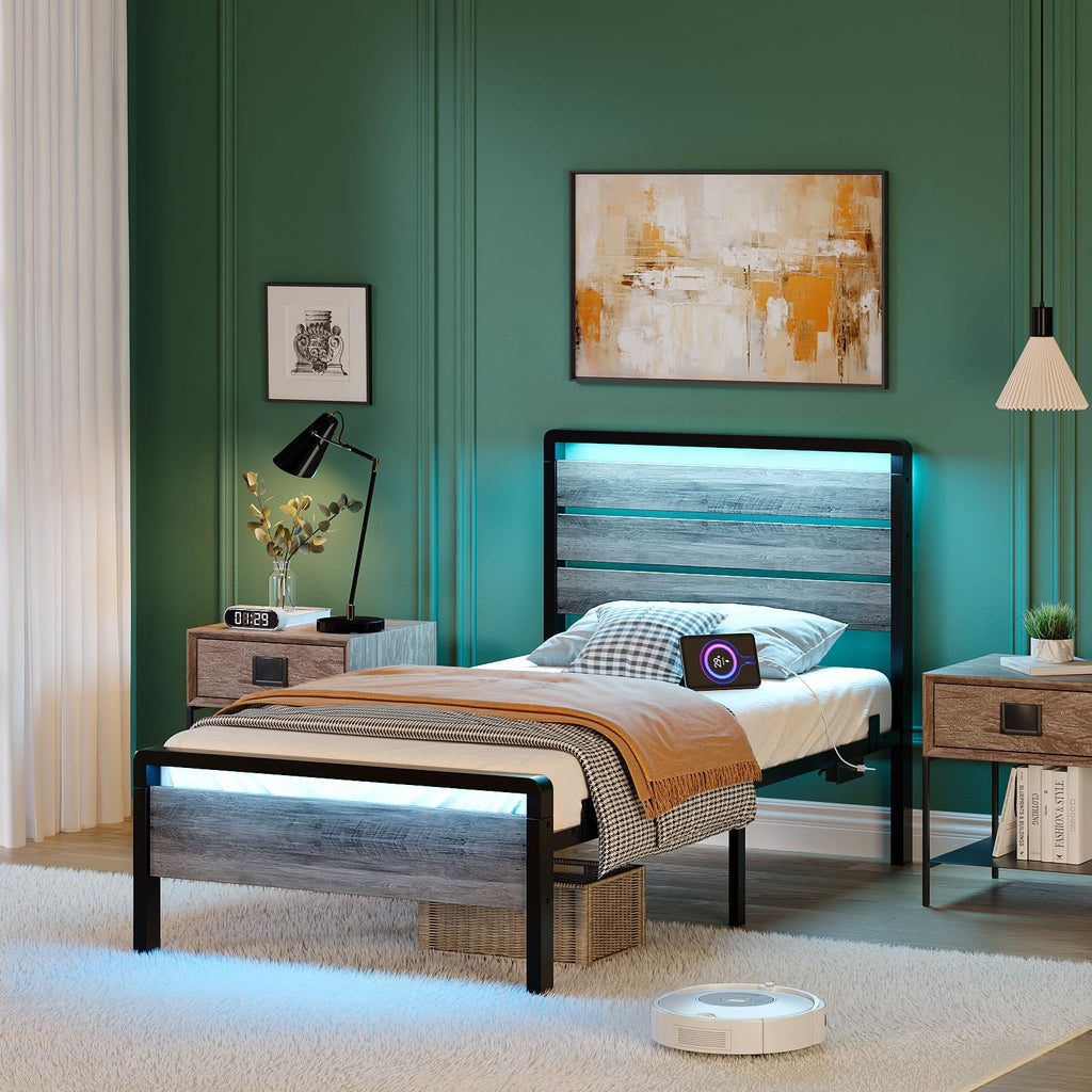 Twin Bed Frame Set of 2 with LED Headboard and USB Charging Station Z415160