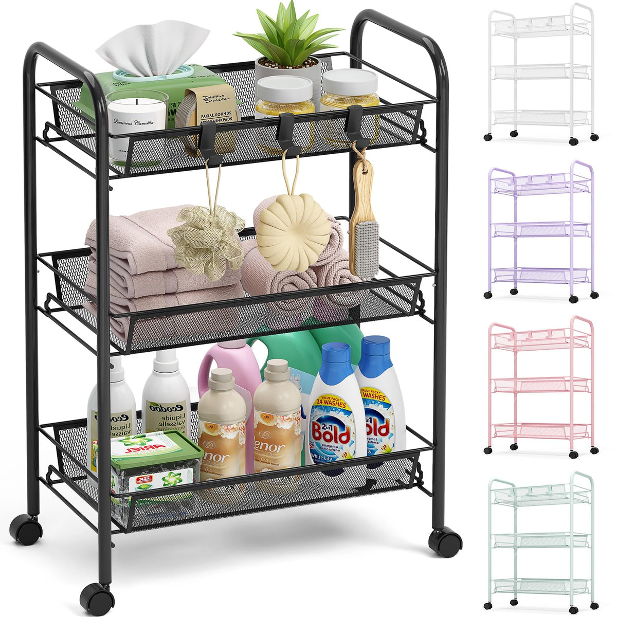 3 Tier Rolling Metal Storage Cart with Wheels, Black Q872