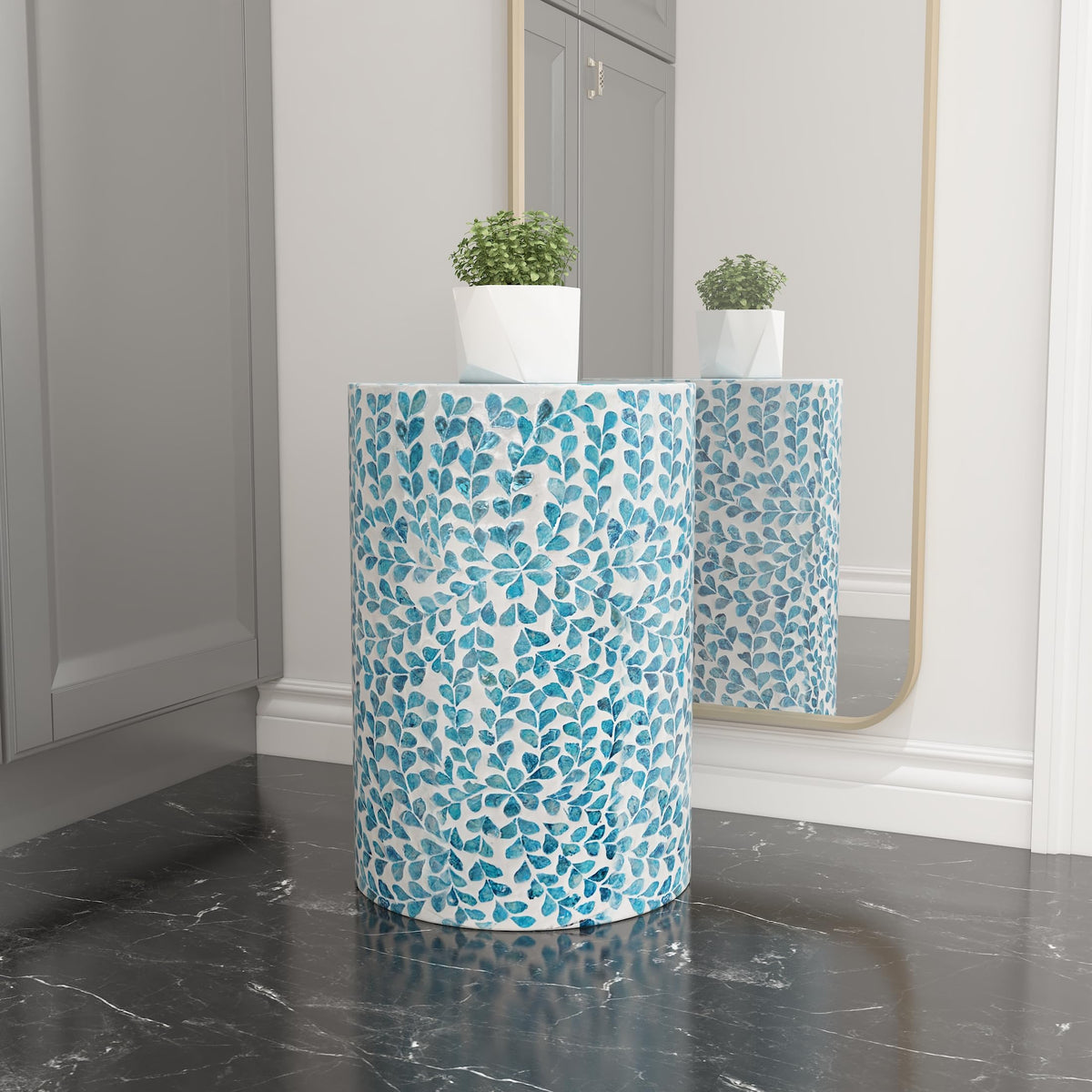 Mother of Pearl Inlaid Cylinder Drum End Table I3011