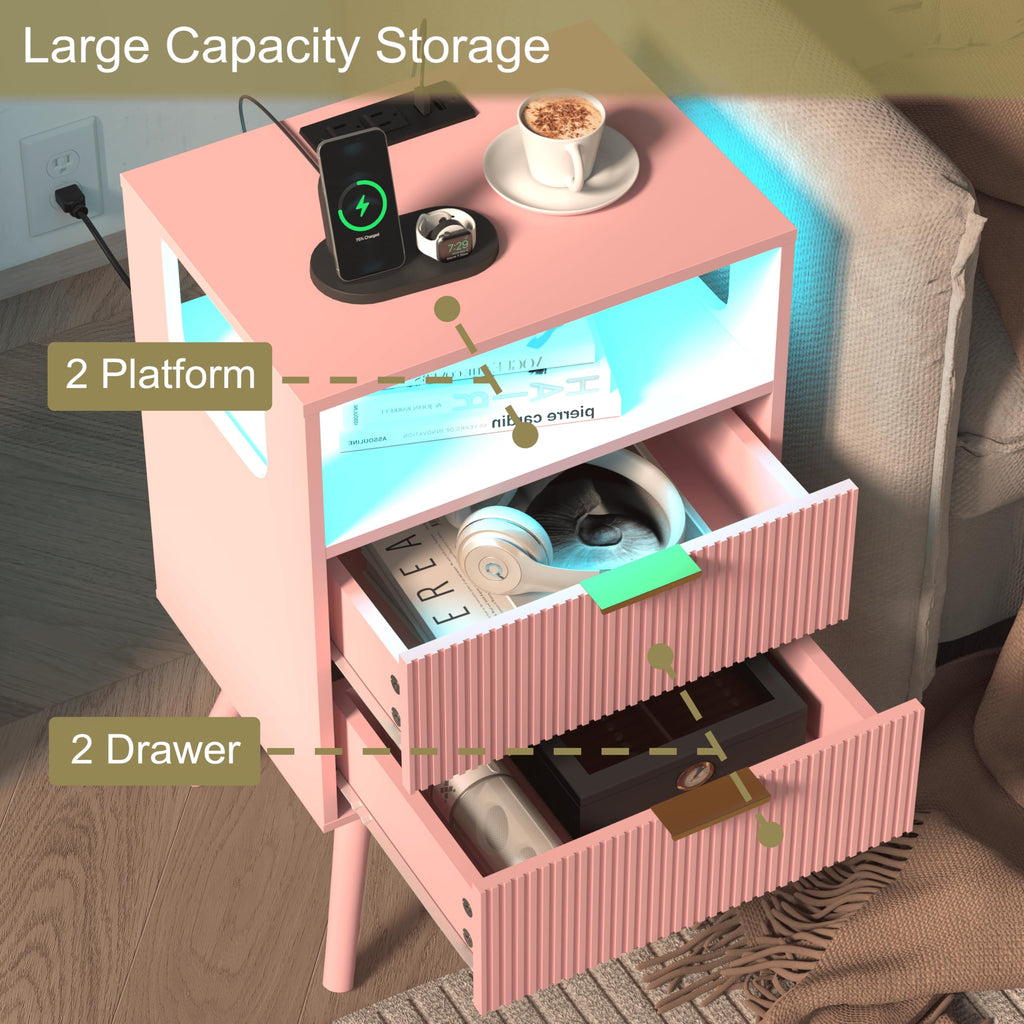 Pink Nightstand with Charging Station and LED Lights M97407