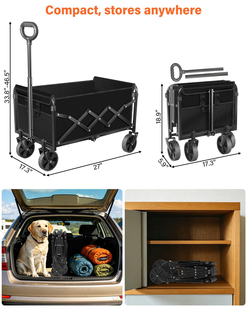 Foldable Wagon Cart with Wheels, 2 Cup Holders, Black X749144