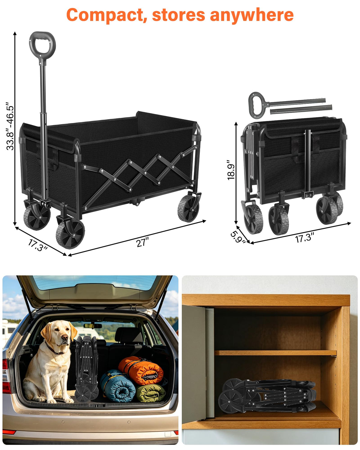 Foldable Wagon Cart with Wheels, 2 Cup Holders, Black X749144