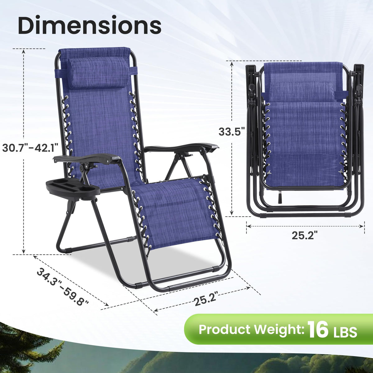 2 Pack Blue 7-Position Adjustable Zero Gravity Chairs with Tray M284586