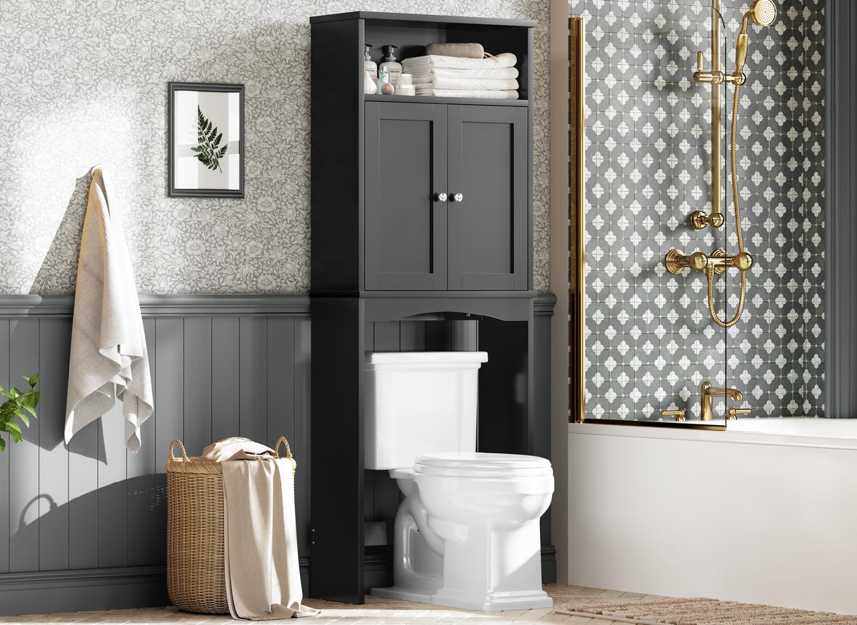 Over The Toilet Storage Cabinet with Adjustable Shelf and Double Door, Black T686204