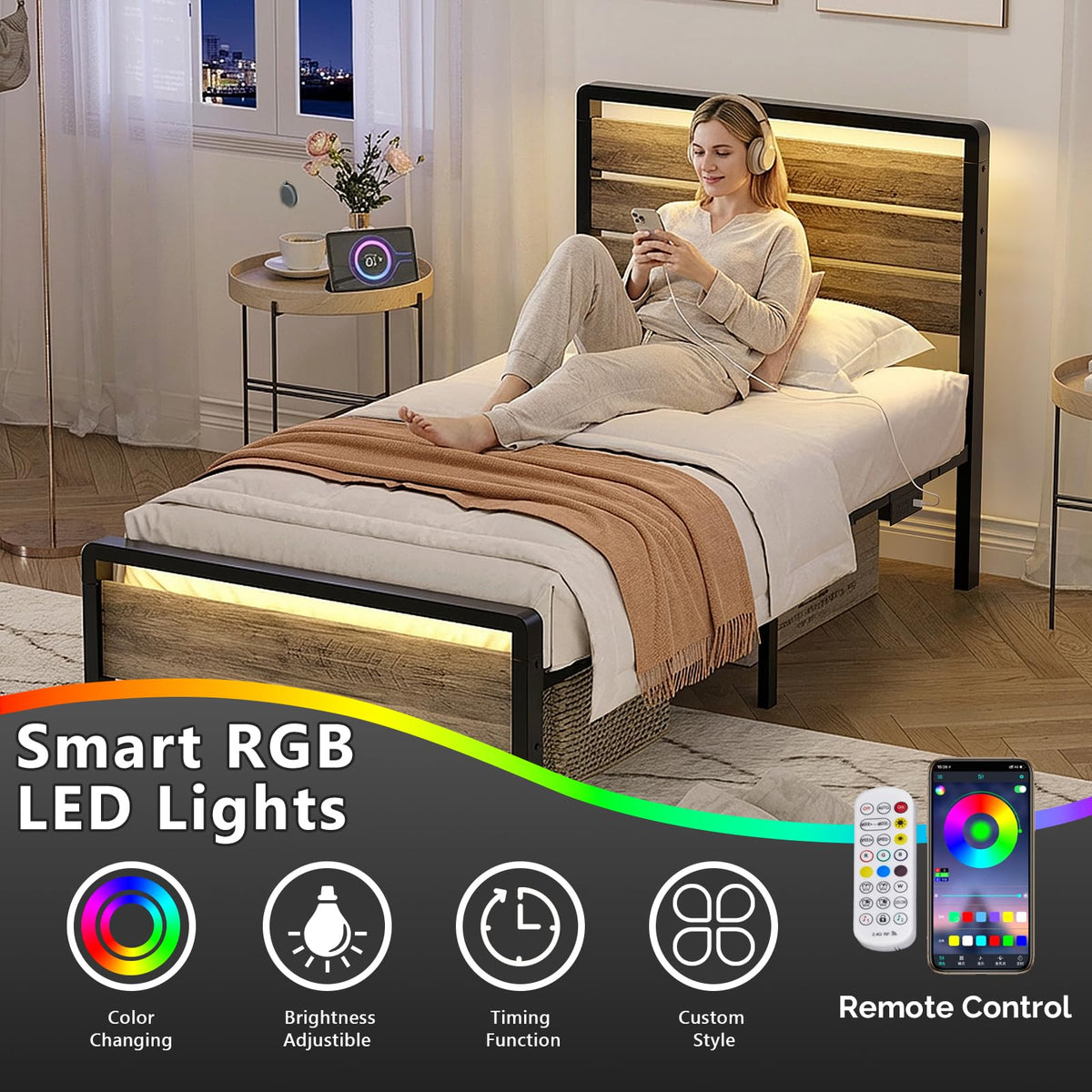 Twin Bed Frame Set of 2 with LED Headboard and USB Charging Station Z415160