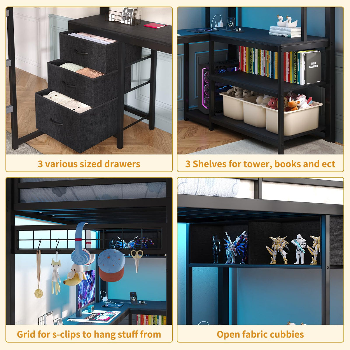 Twin Loft Bed with L-Shaped Desk and LED Lights T76870