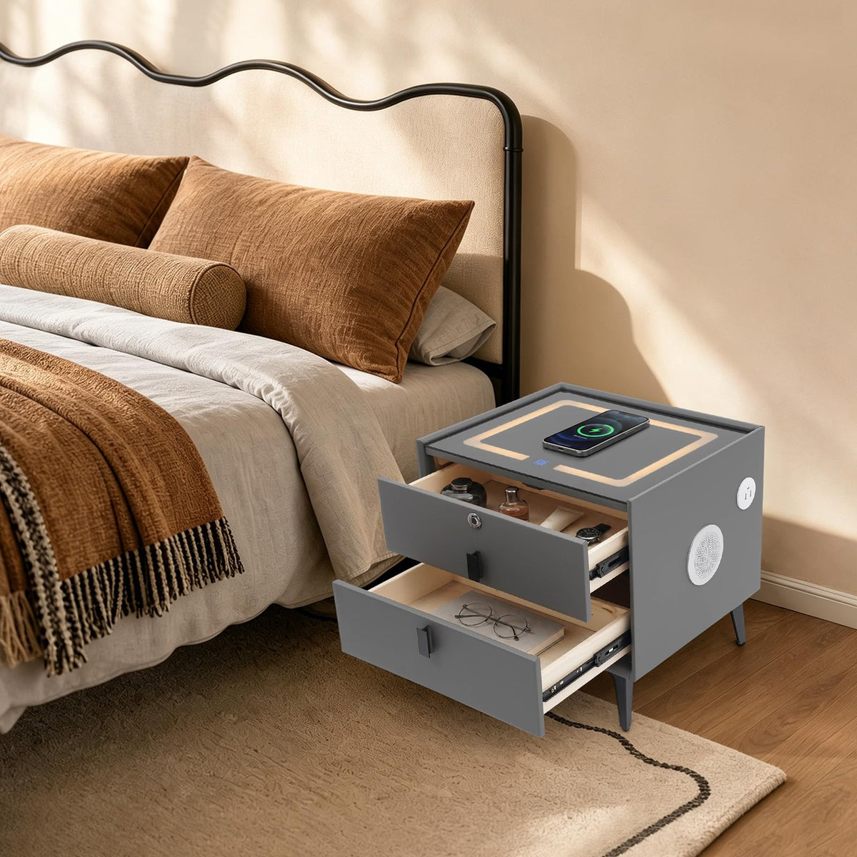 Smart Nightstand with Fingerprint Lock, Wireless Charging & 2-Drawer I35377
