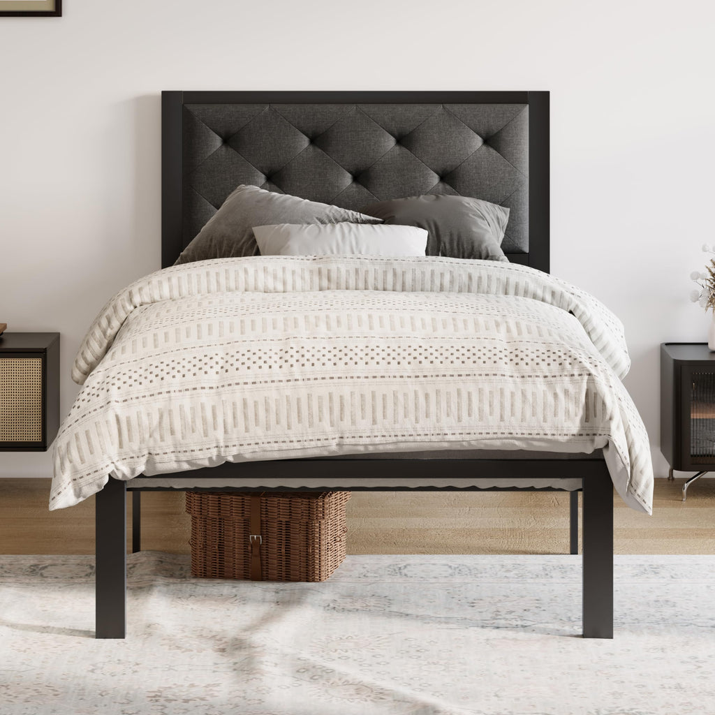 Twin Bed Frame with Upholstered Headboard, Dark Grey X43649