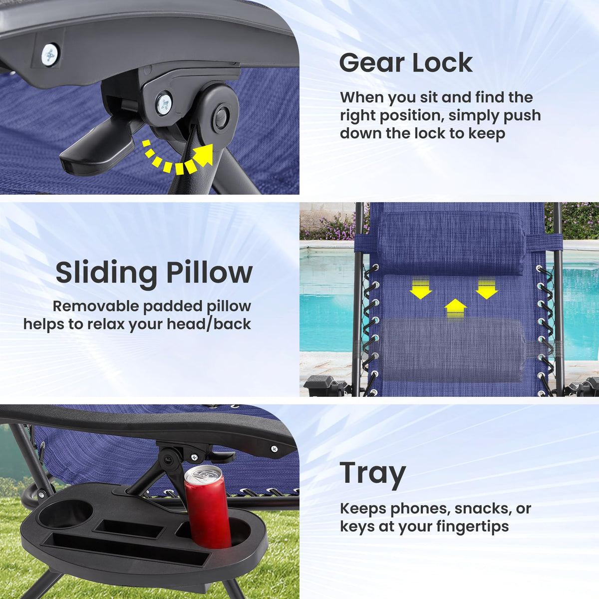 2 Pack Blue 7-Position Adjustable Zero Gravity Chairs with Tray M284586