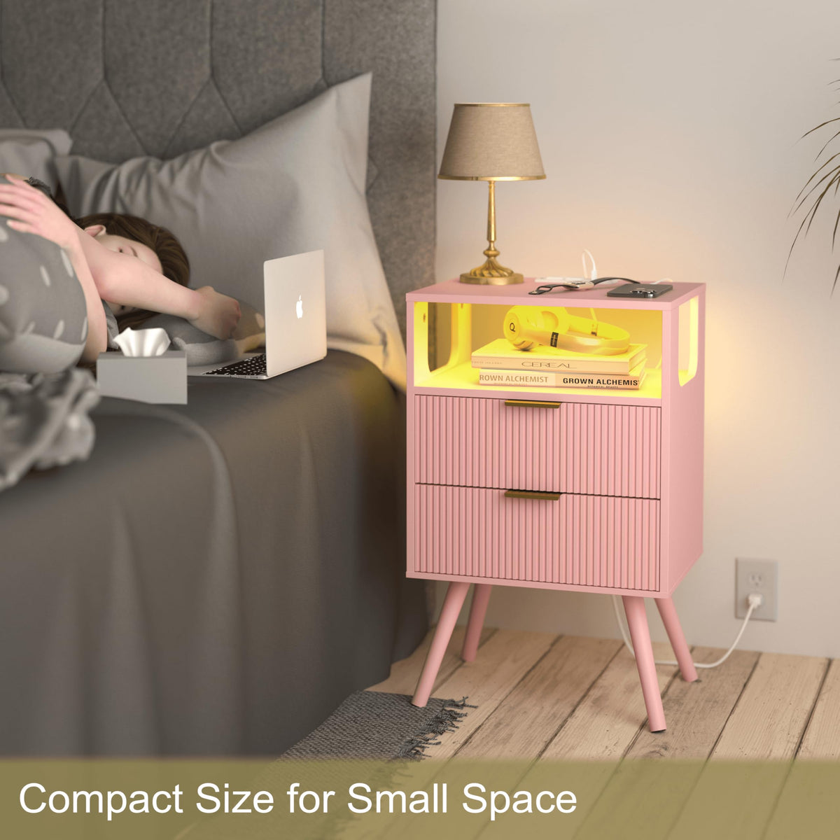 Pink Nightstand with Charging Station and LED Lights M97407