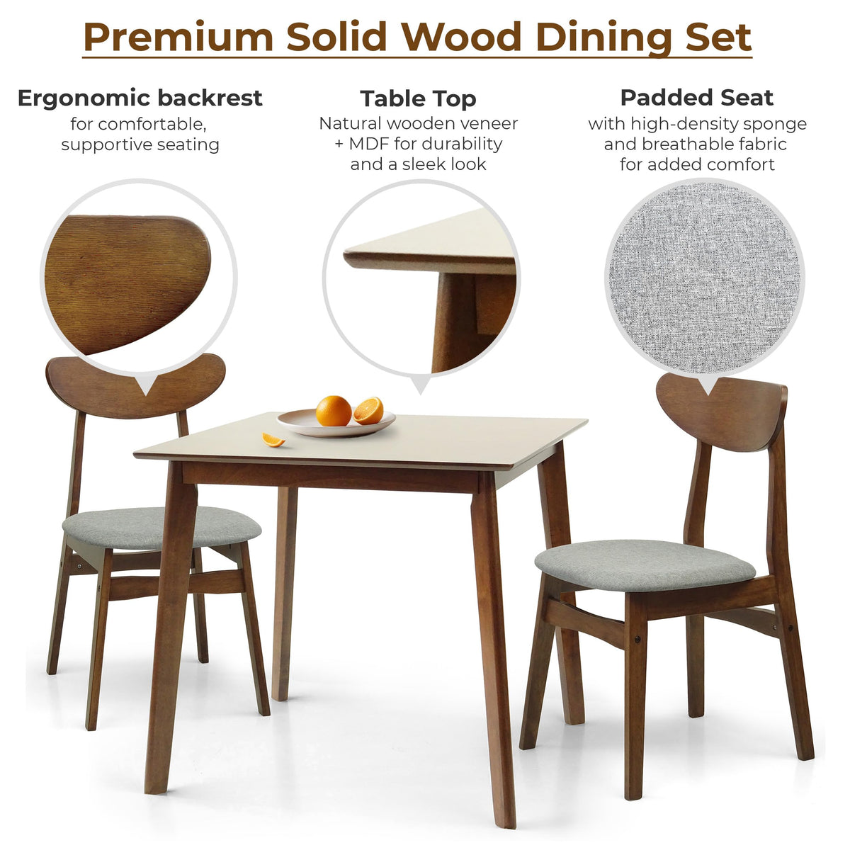 Set of 3 Square Dining Table and 2 Side Chairs Solid Wood Padded Seat Medium Brown W599
