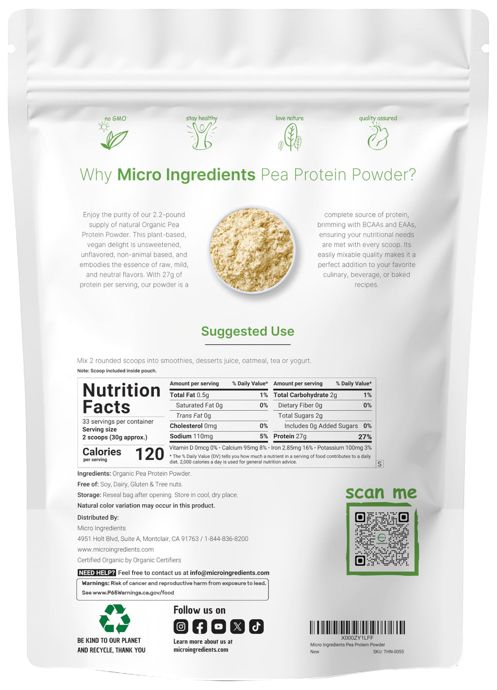 Organic Pea Protein Powder, 1KG (2.2 Pounds), Plant-Based Vegan Q85719