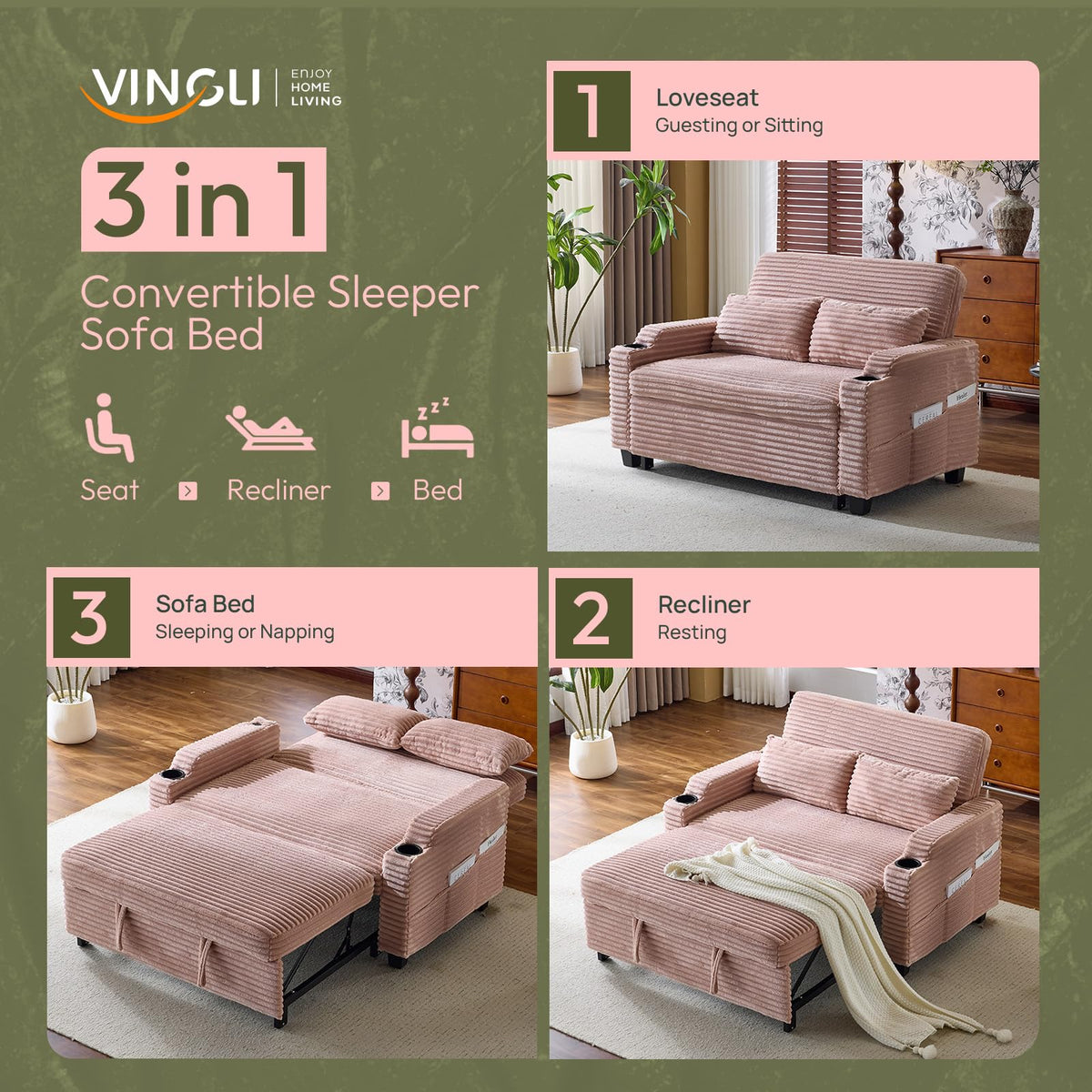 Loveseat Sleeper Sofa Couch with Pull Out Chair Bed Q981075