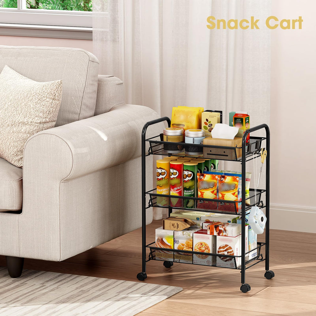 3 Tier Rolling Metal Storage Cart with Wheels, Black Q872
