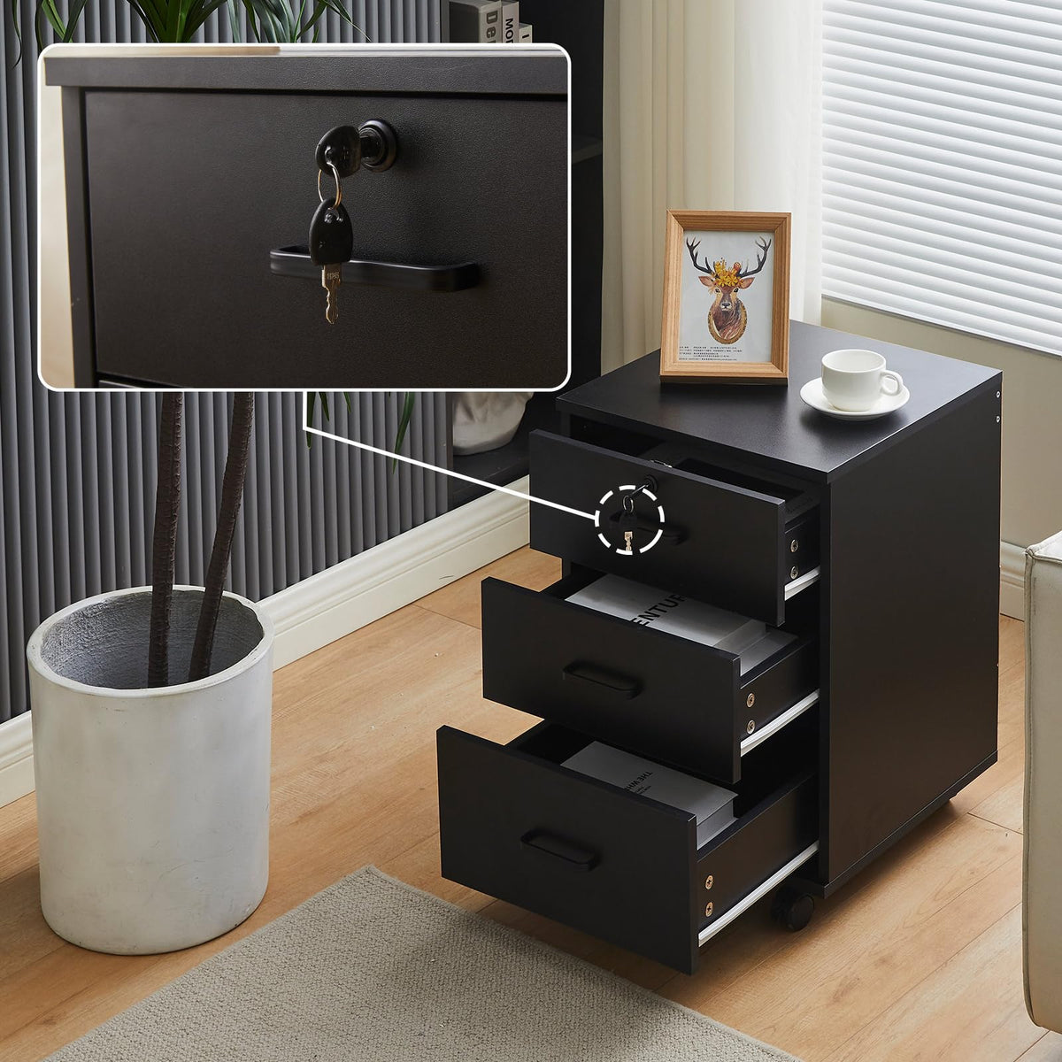 3 Drawer Black File Cabinet with Lock K7575