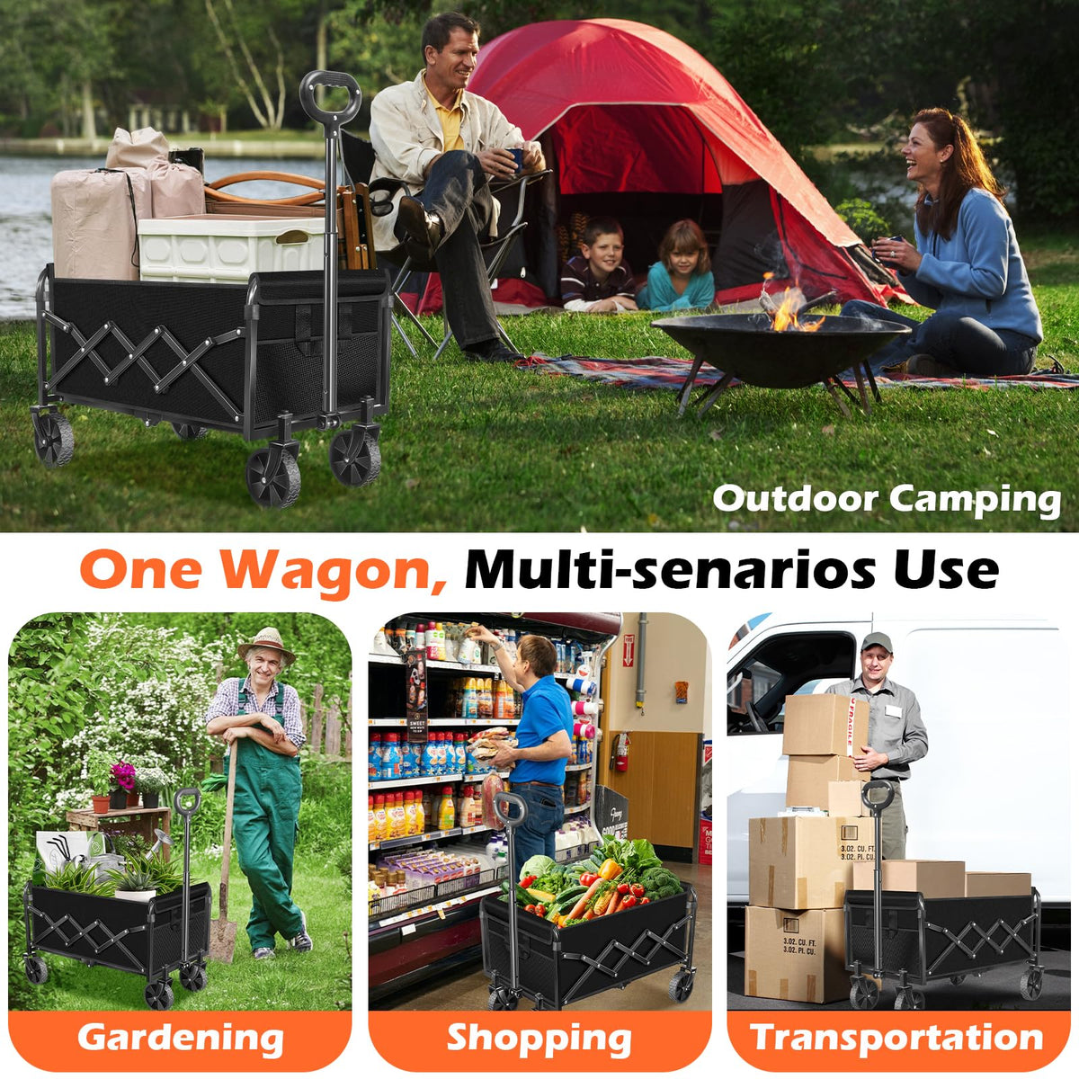 Foldable Wagon Cart with Wheels, 2 Cup Holders, Black X749144