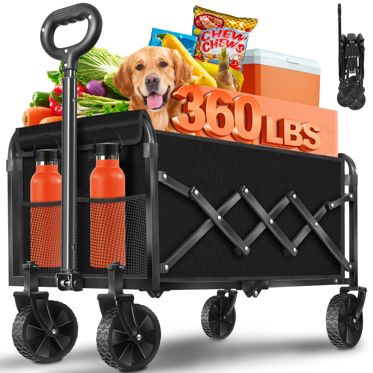 Foldable Wagon Cart with Wheels, 2 Cup Holders, Black X749144