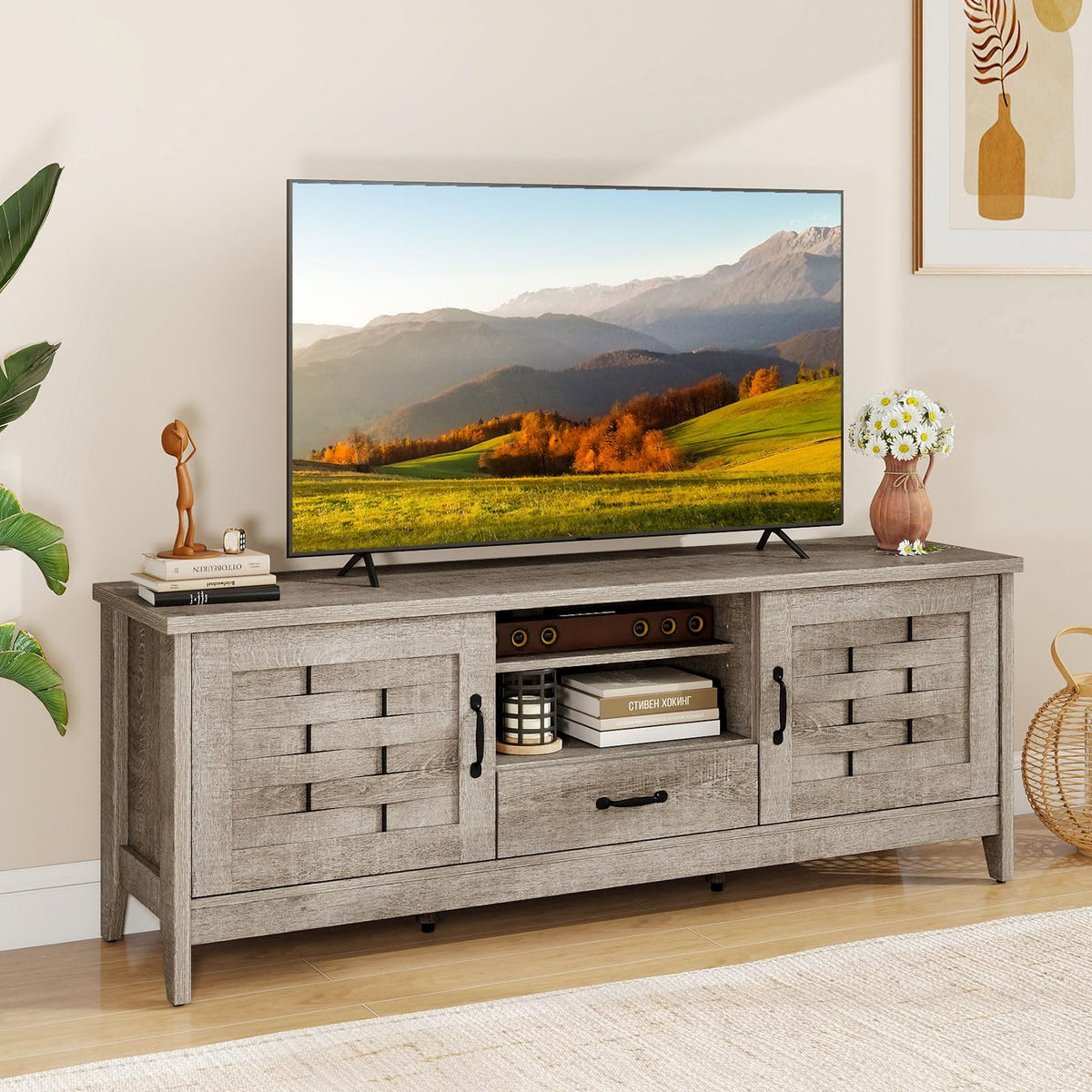 Farmhouse 59" Wood TV Stand with Storage Drawer G386