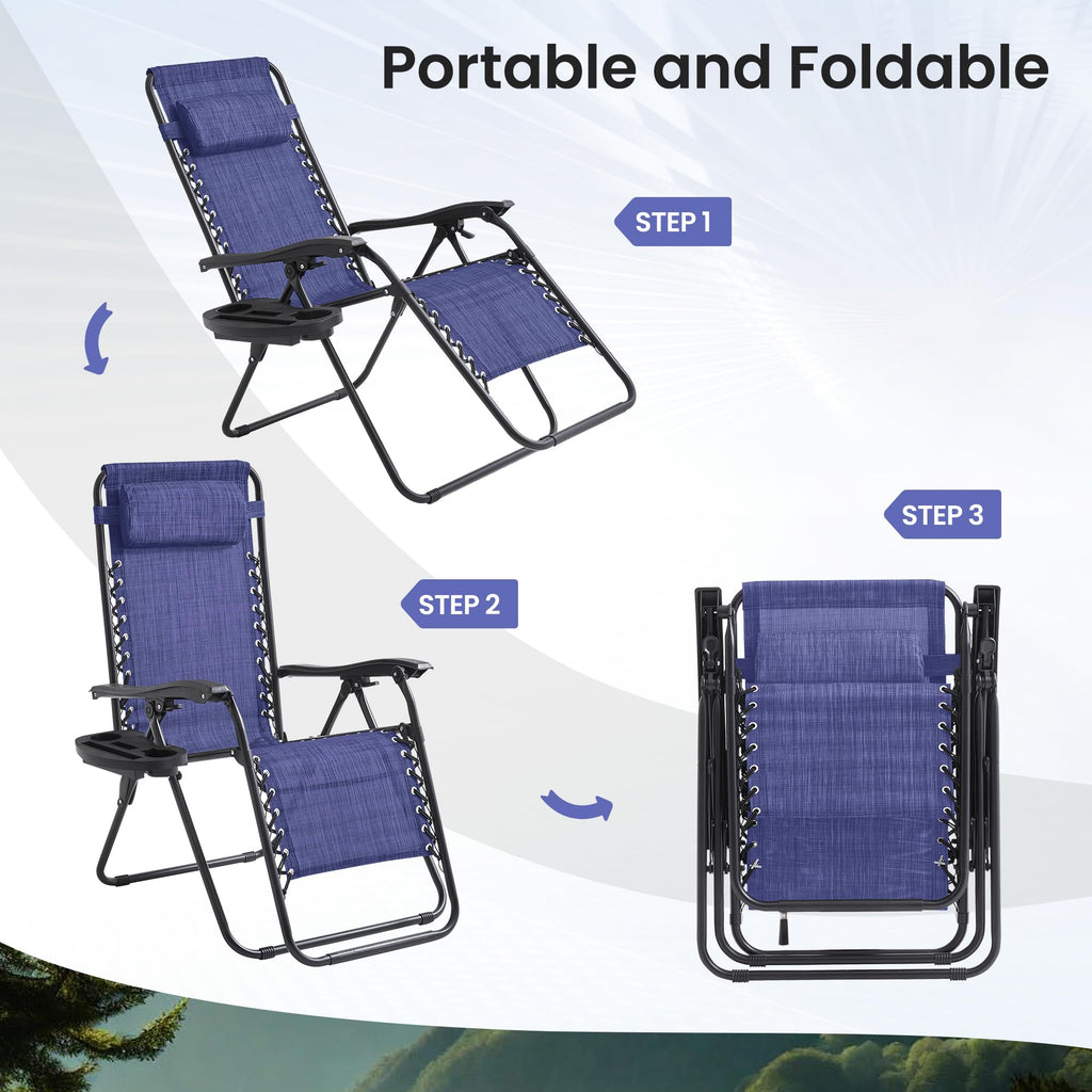 2 Pack Blue 7-Position Adjustable Zero Gravity Chairs with Tray M284586