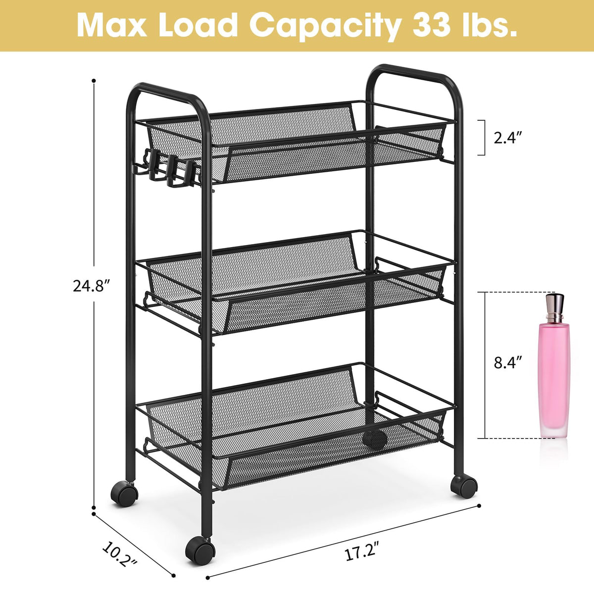 3 Tier Rolling Metal Storage Cart with Wheels, Black Q872