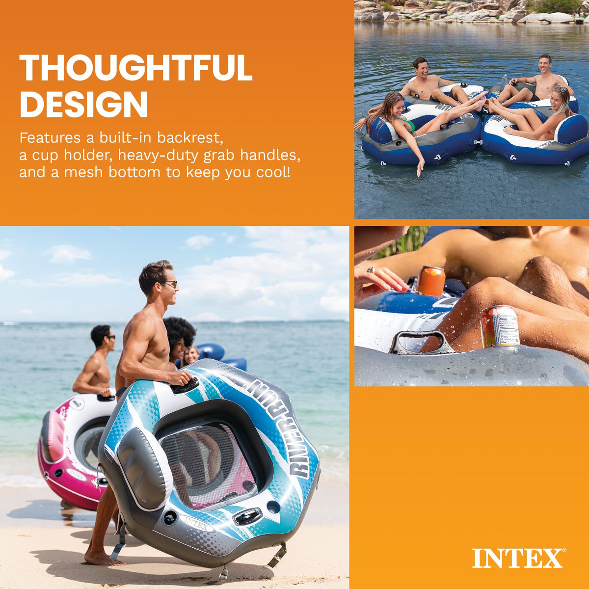 Single Person Inflatable Lounge Tube Chair with Mesh Bottom, Backrest, and Built in Cupholders P476878