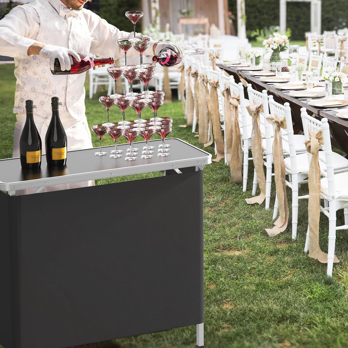 Portable 2-Tier Mobile Bar Table with Black Skirt R985