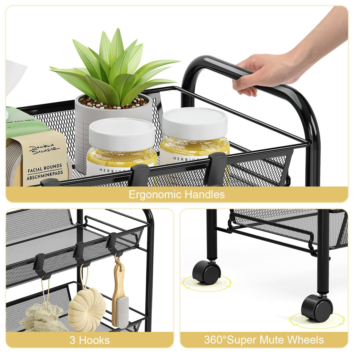 3 Tier Rolling Metal Storage Cart with Wheels, Black Q872