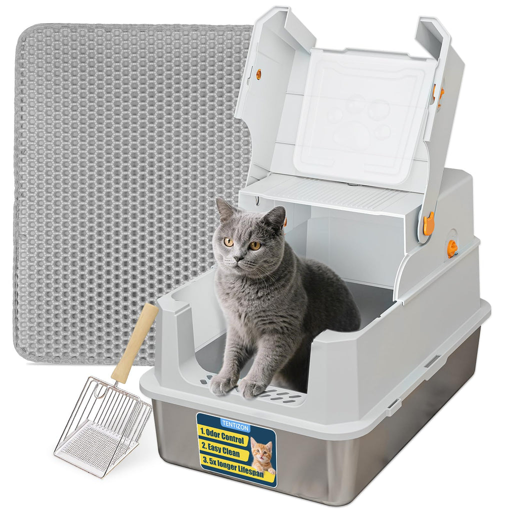 Large Stainless Steel Covered Cat Litter Box with Scoop K84972