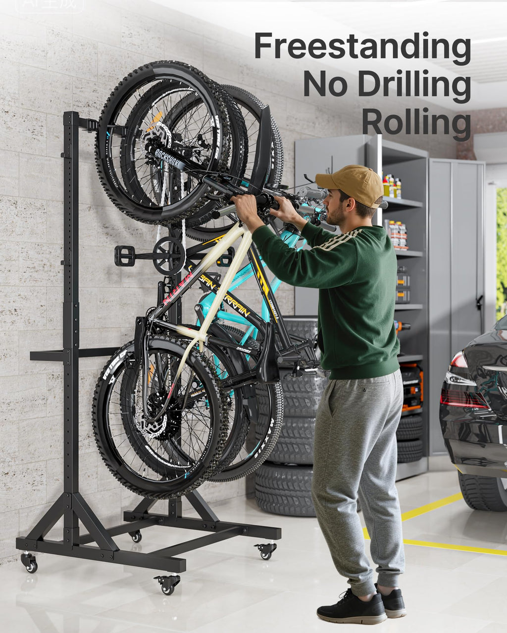 Freestanding Bike Storage Rack with Wheels for 3 Bikes F881
