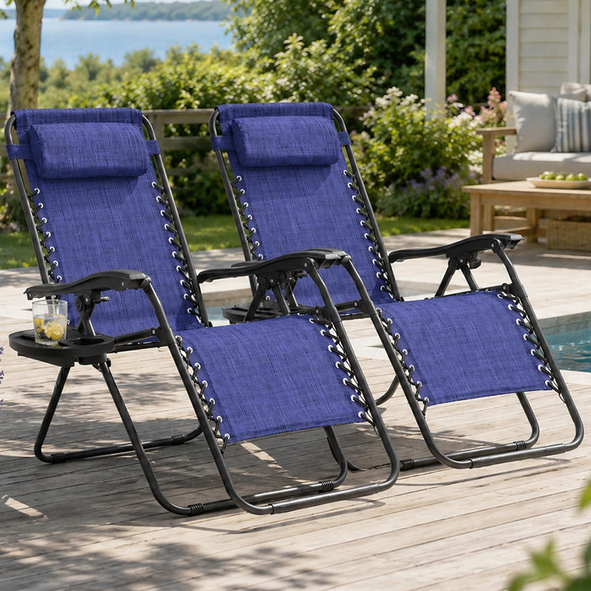 2 Pack Blue 7-Position Adjustable Zero Gravity Chairs with Tray M284586