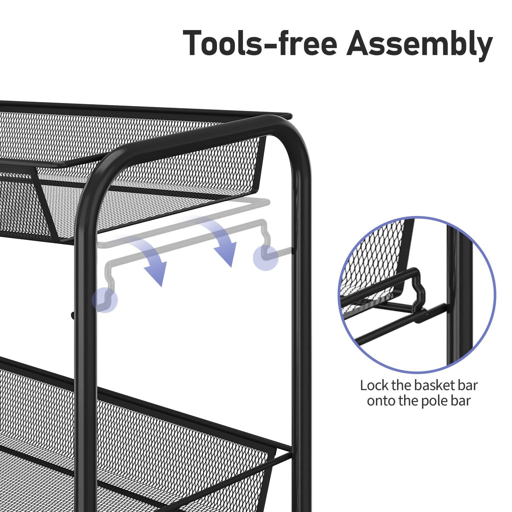 3 Tier Rolling Metal Storage Cart with Wheels, Black Q872