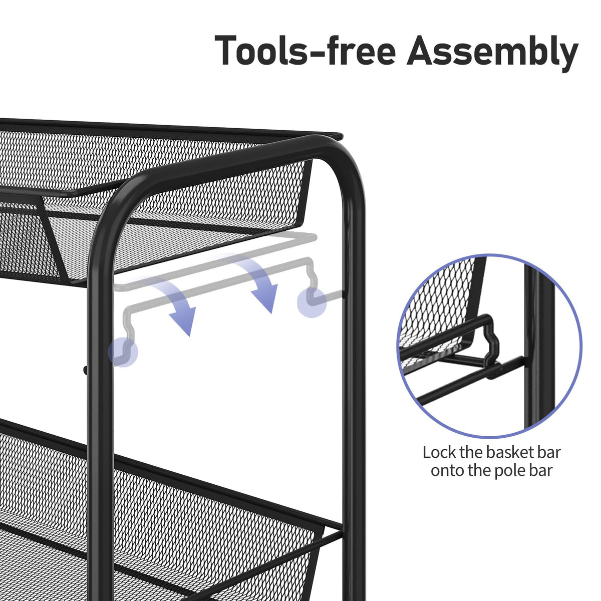 3 Tier Rolling Metal Storage Cart with Wheels, Black Q872