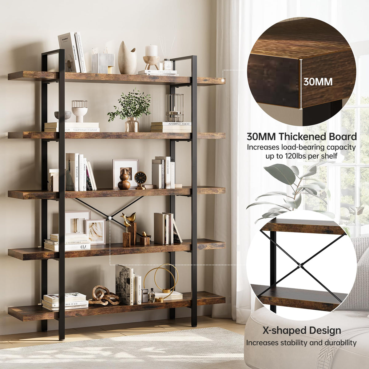 5 Tier 70" H Wood Bookshelf U8244