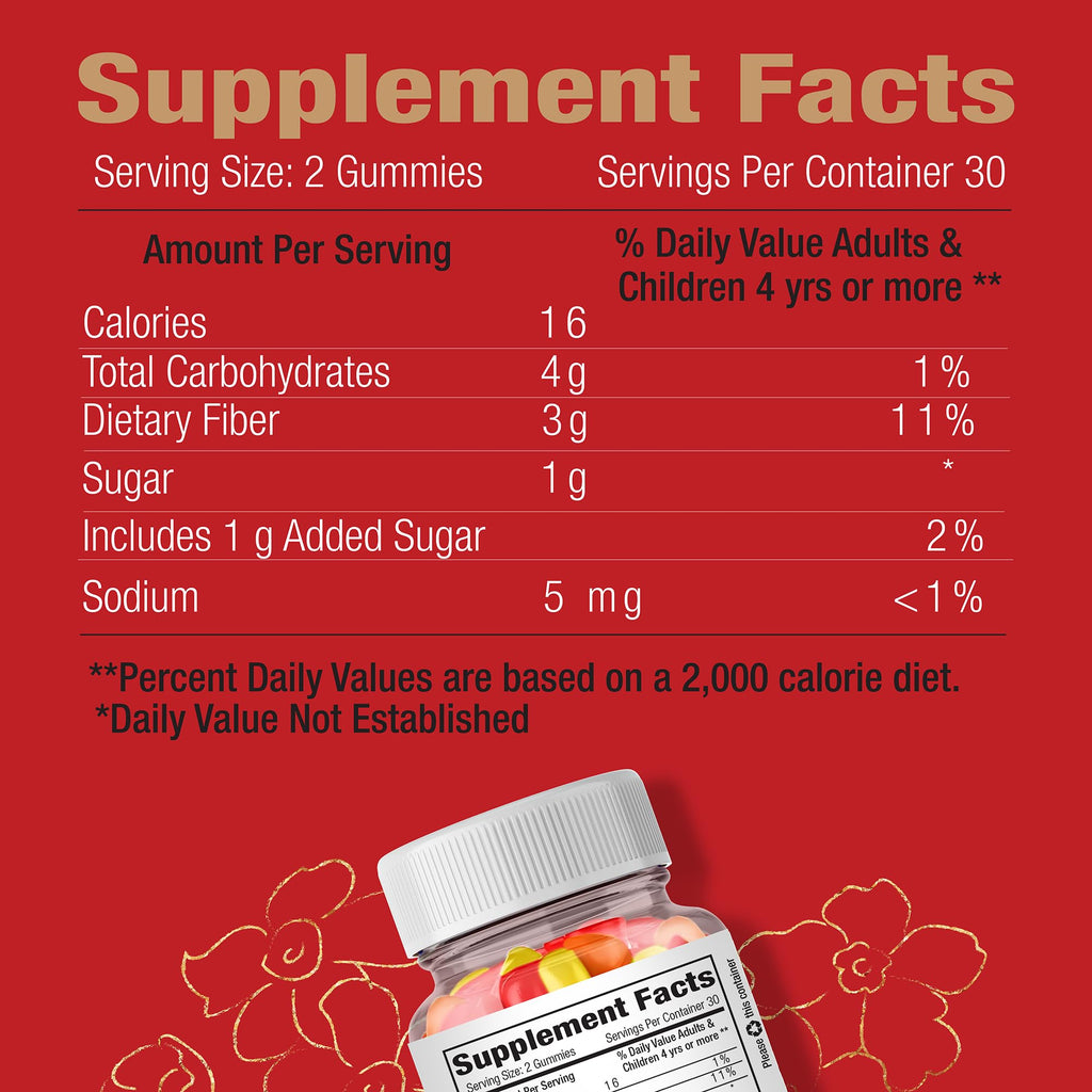 Vegan Fiber Gummies 3g Prebiotic Inulin Non-GMO Gluten-Free 30 Servings P7988