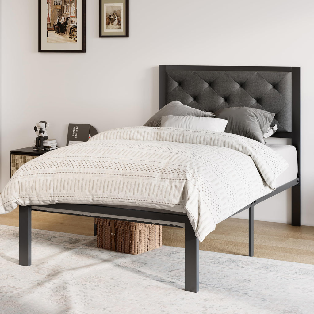 Twin Bed Frame with Upholstered Headboard, Dark Grey X43649